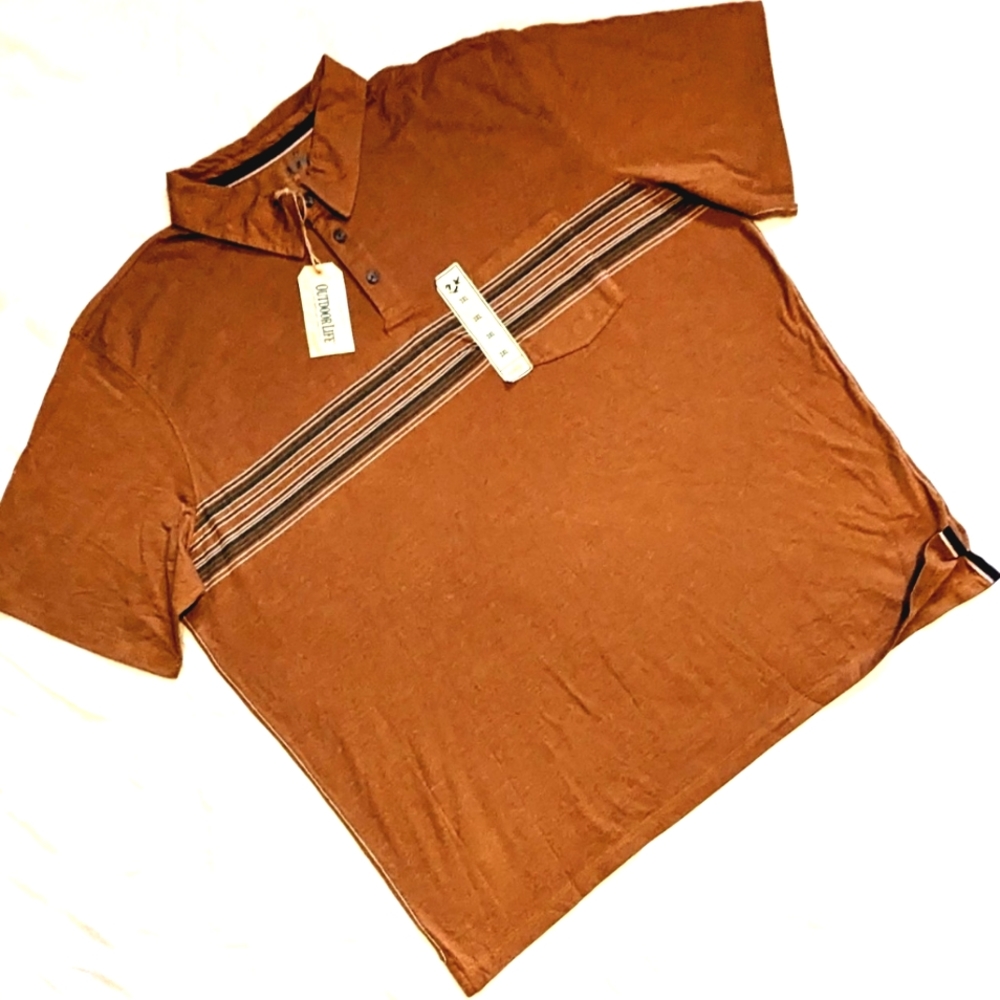 Outdoor Life Short Sleeve Polo Collar Buttons Striped Rust Spice Colored 3XL NWT